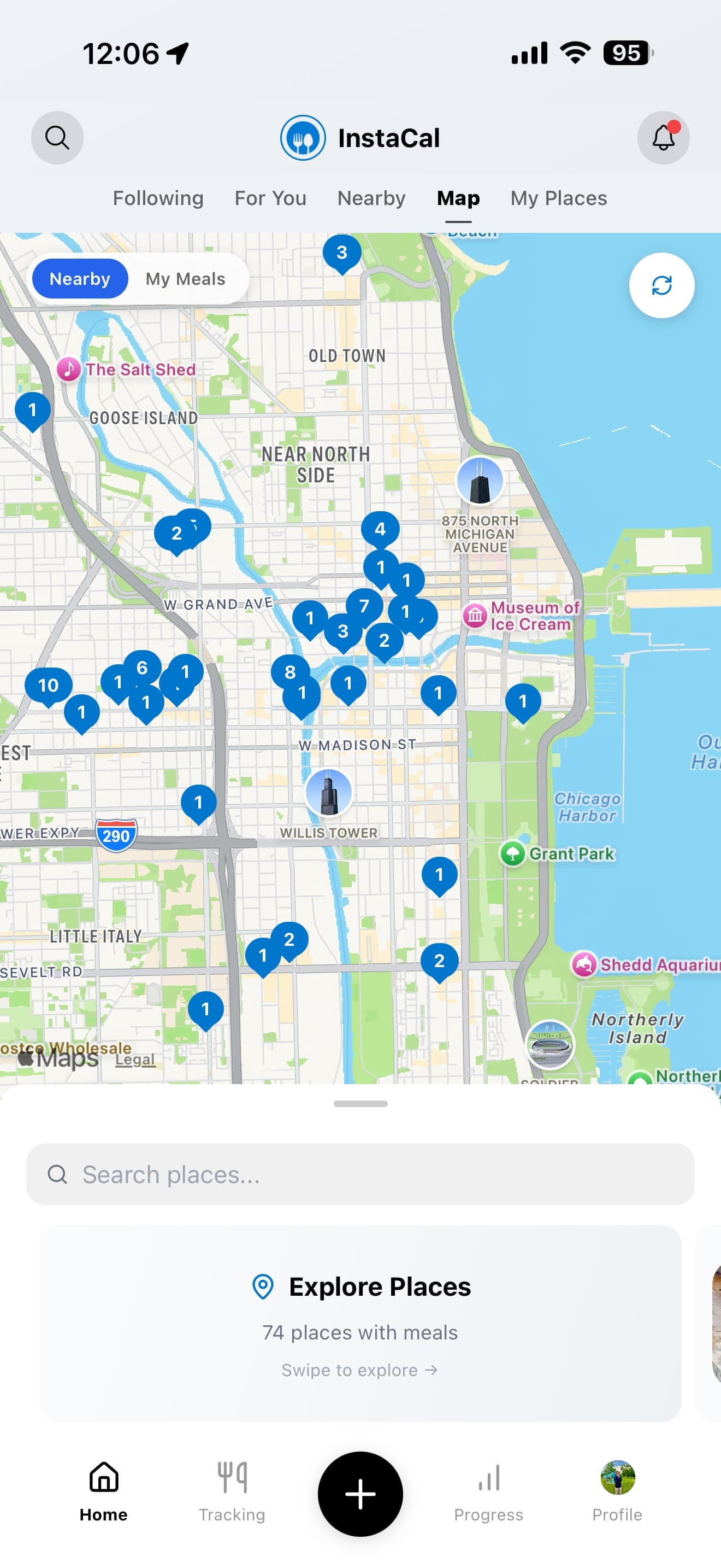 InstaCal map view showing meal pins at restaurants across Chicago with search and explore features