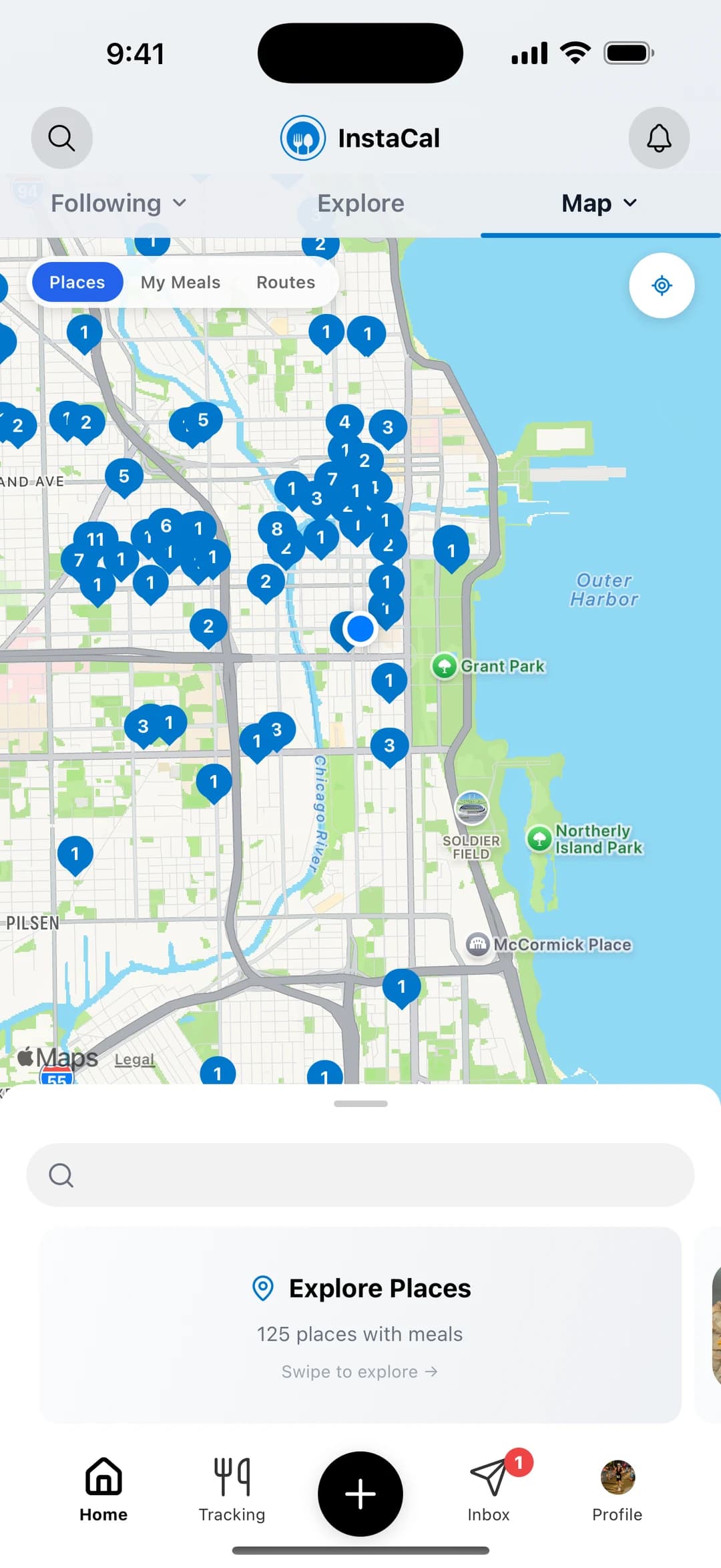 InstaCal map with meal pins clustered across Chicago and an Explore Places card showing 125 places with meals