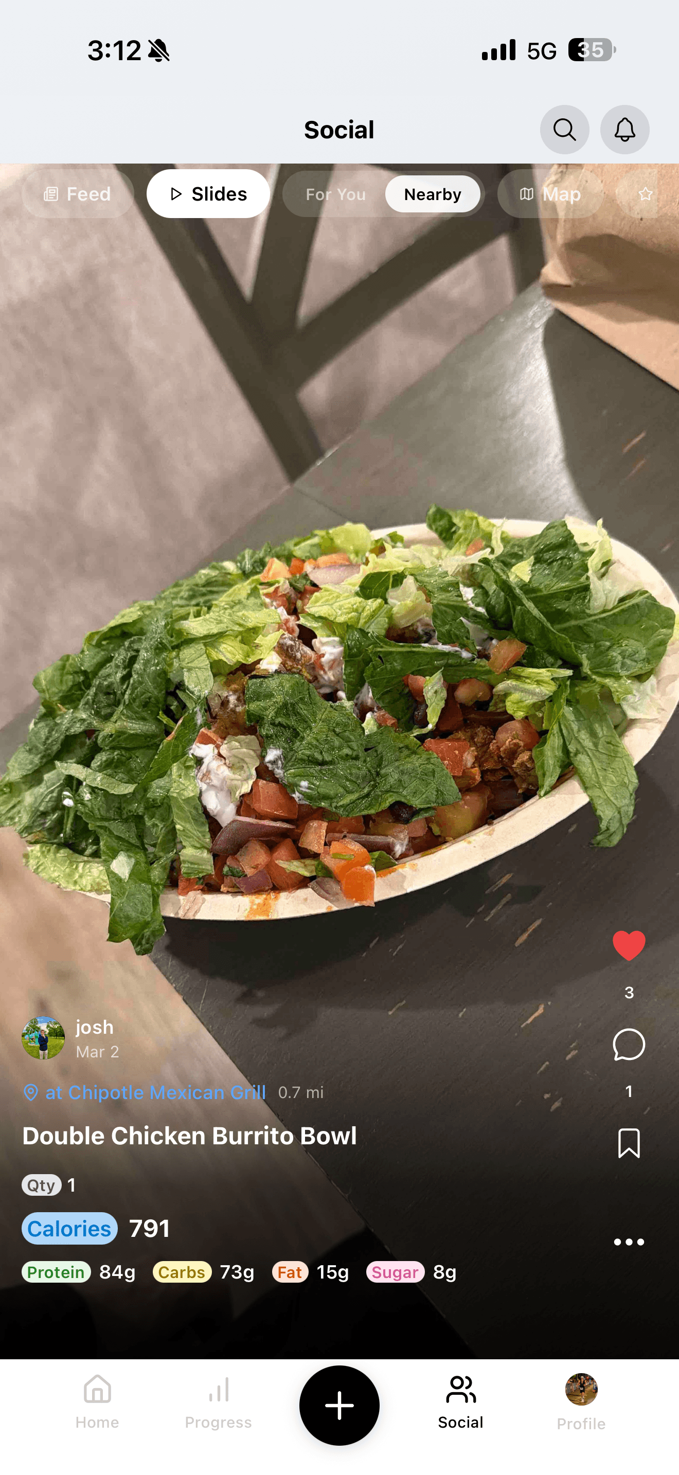 InstaCal slides view with full-screen meal photos, location tags, and nutrition overlay