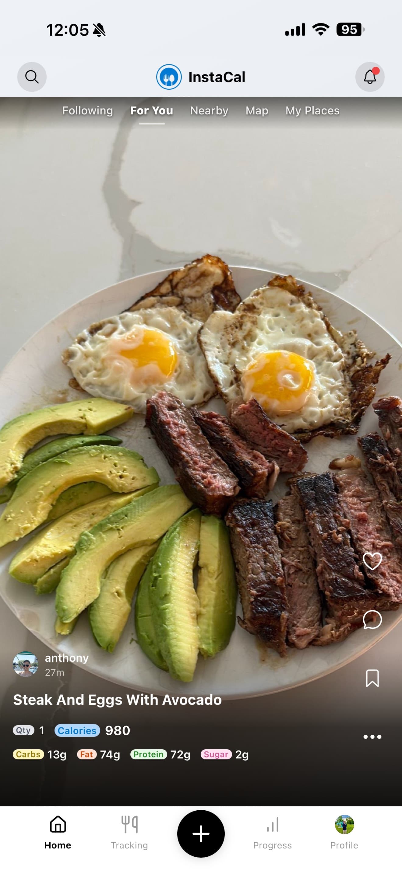 InstaCal slides view with full-screen meal photos, location tags, and nutrition overlay