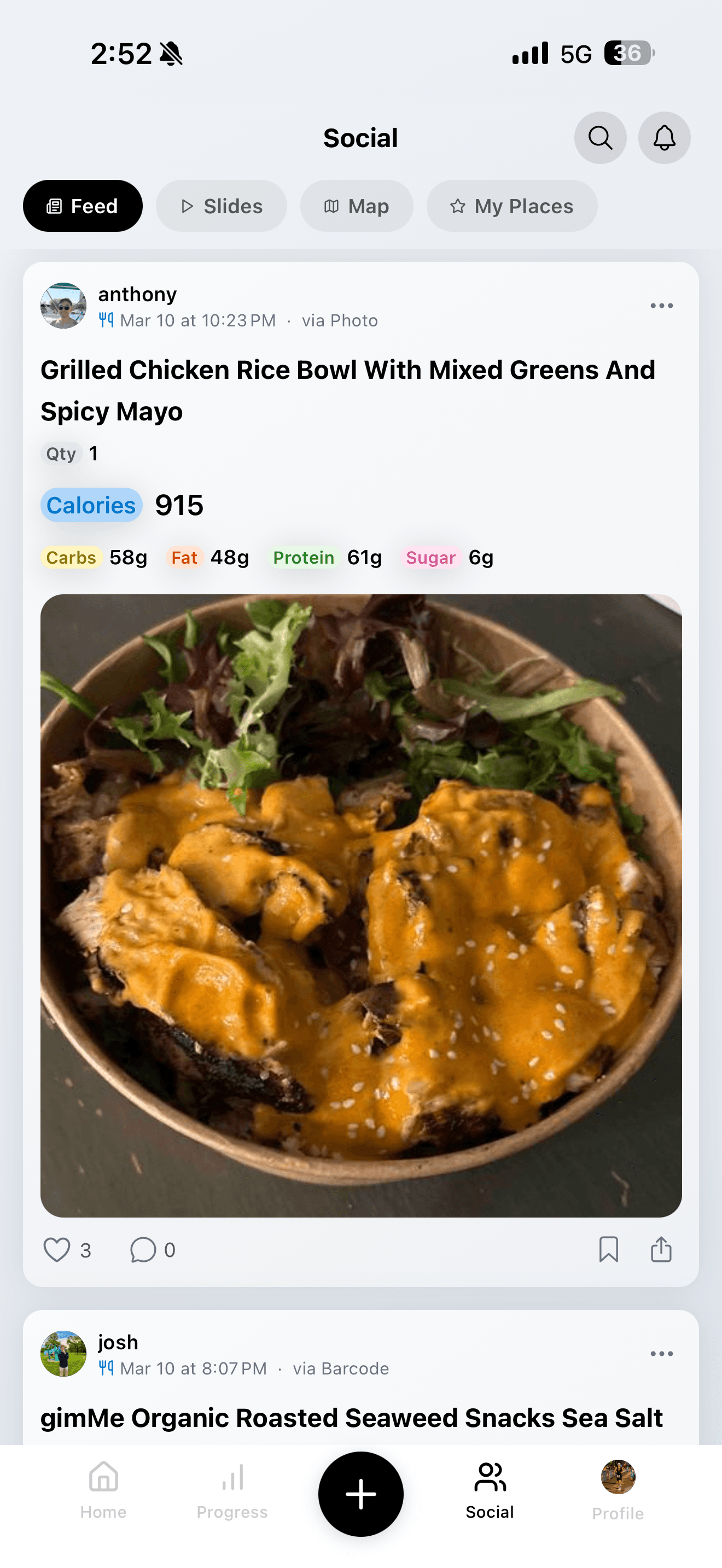 InstaCal social feed showing friends meals with full nutrition breakdown, likes and comments