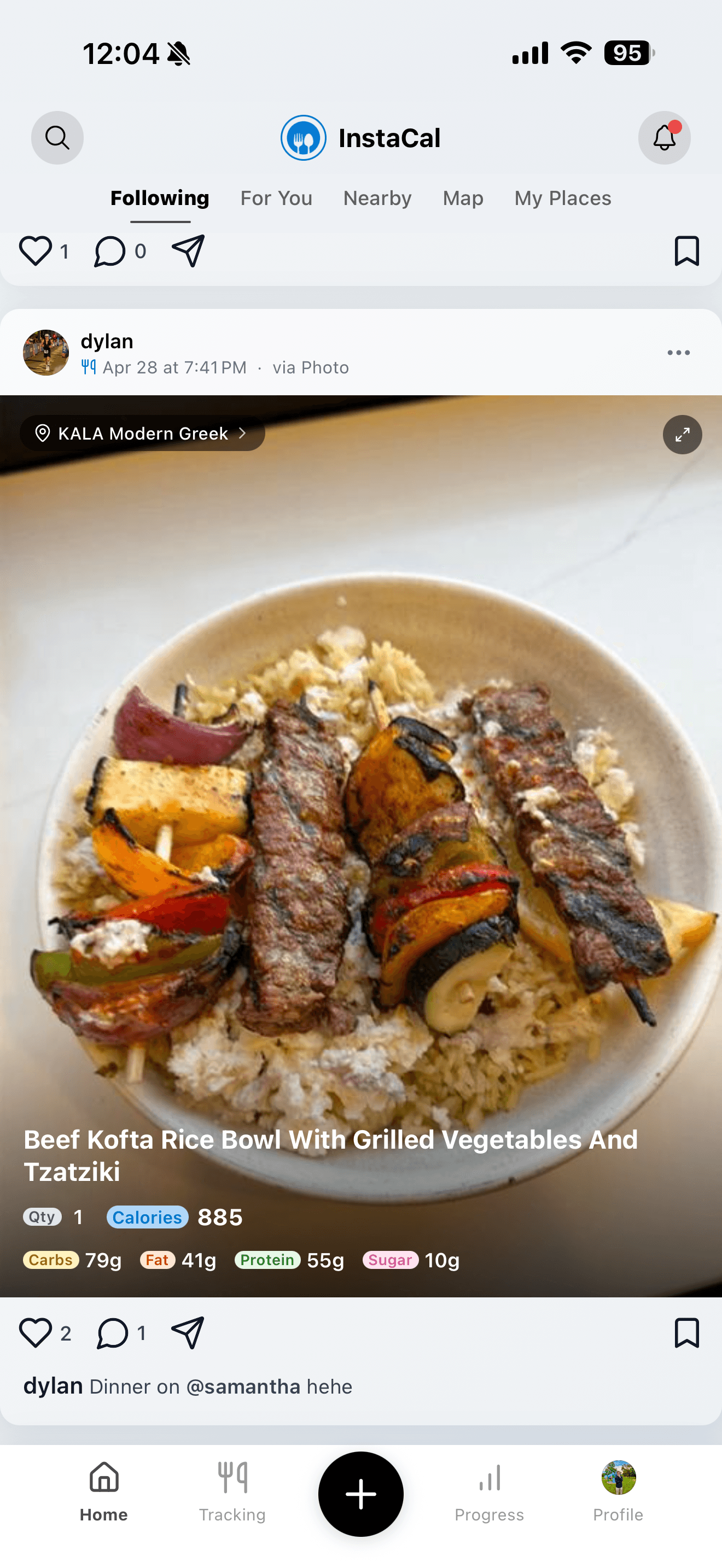 InstaCal social feed showing friends meals with full nutrition breakdown, likes and comments