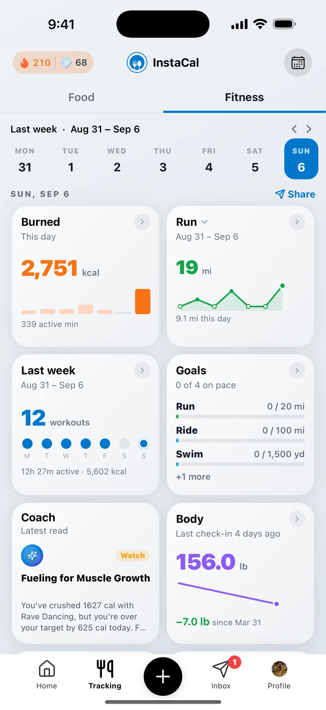 InstaCal Fitness tracking page: burned calories, miles run this week, workouts last week, training goals, a Coach note, and body weight trend