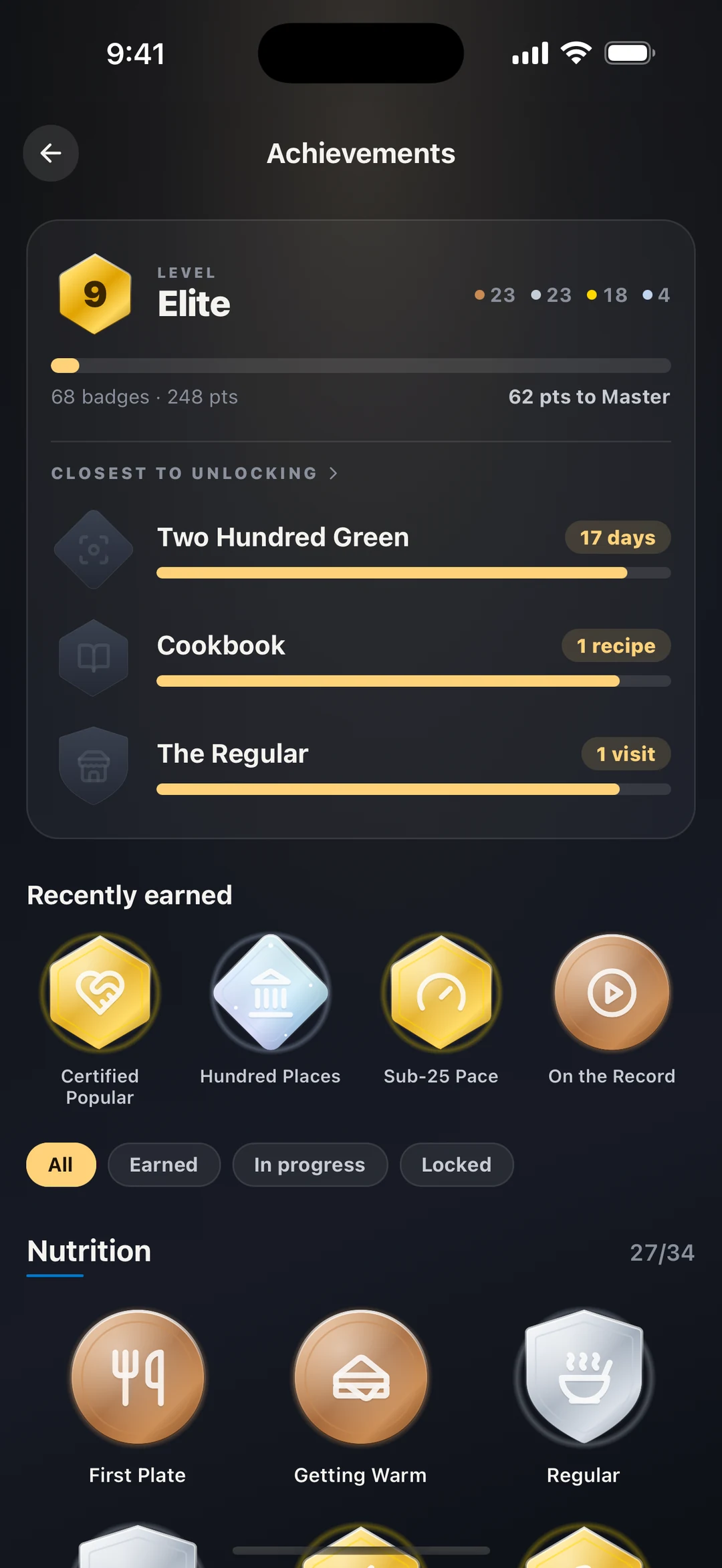 InstaCal Achievements: Level 9 Elite, 68 badges and 248 points, closest to unlocking, and recently earned gold badges