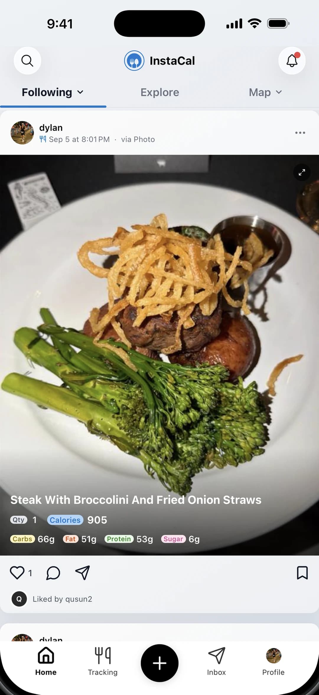InstaCal feed showing @dylan's steak with broccolini post with calories, carbs, fat, protein, and sugar