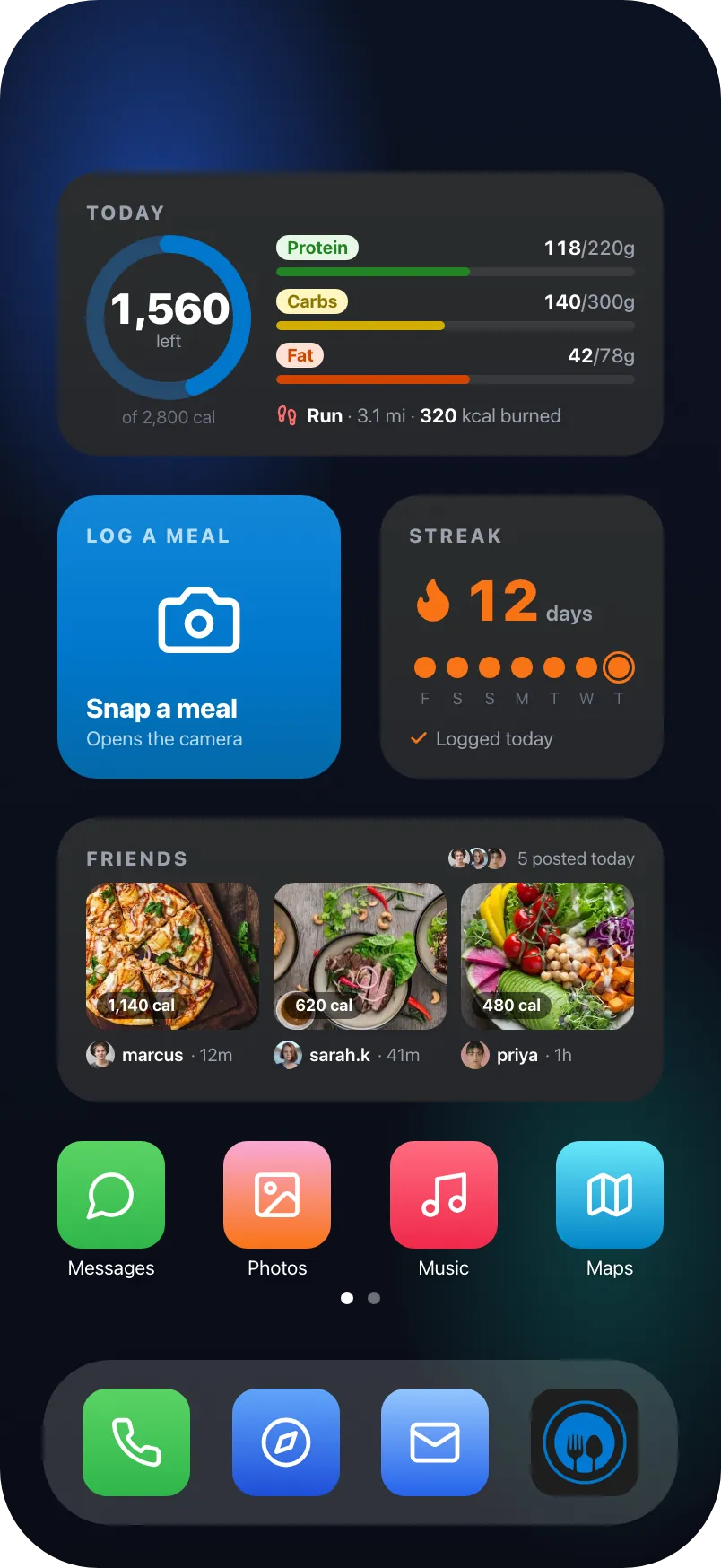 An iPhone Home Screen with InstaCal widgets: Today, Log a meal, Streak, and Friends