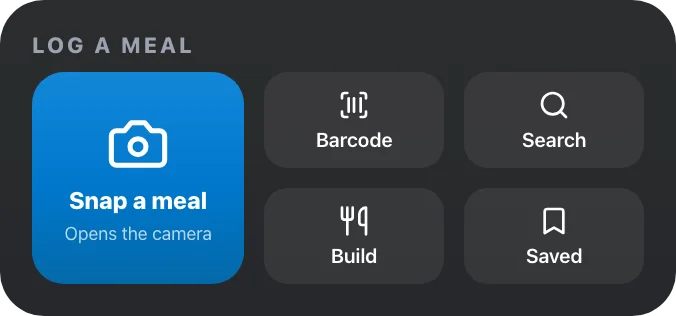 InstaCal Log a meal widget with a Snap a meal camera button plus Barcode, Search, Build, and Saved shortcuts