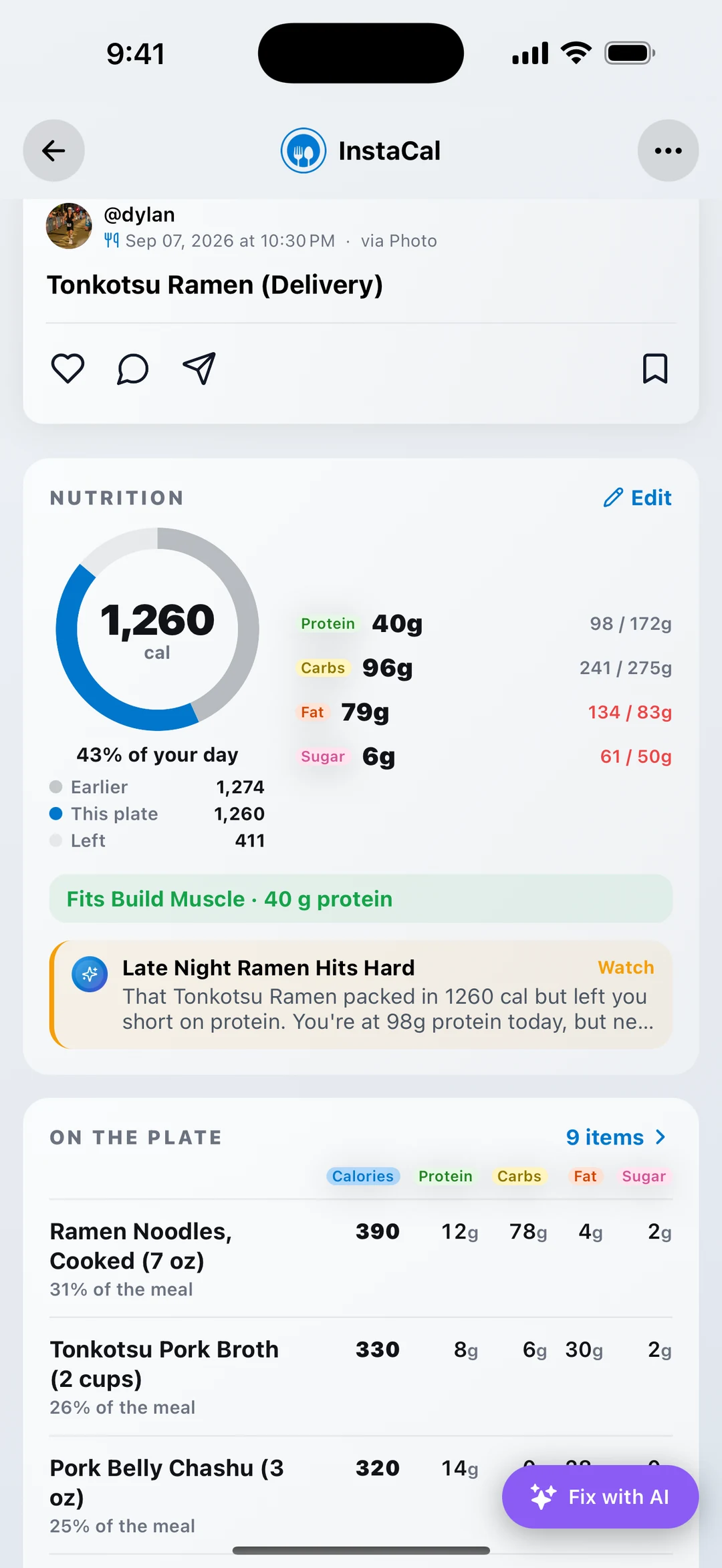 InstaCal meal detail for a tonkotsu ramen: 1,260 calories in a ring, protein, carbs, fat, and sugar against the day, a Coach note, the ingredients on the plate, and a Fix with AI button