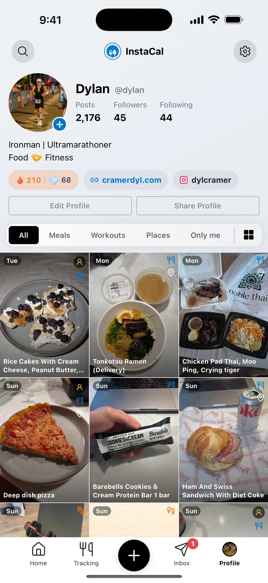 @dylan's InstaCal profile with a grid of meals, a streak, and badges