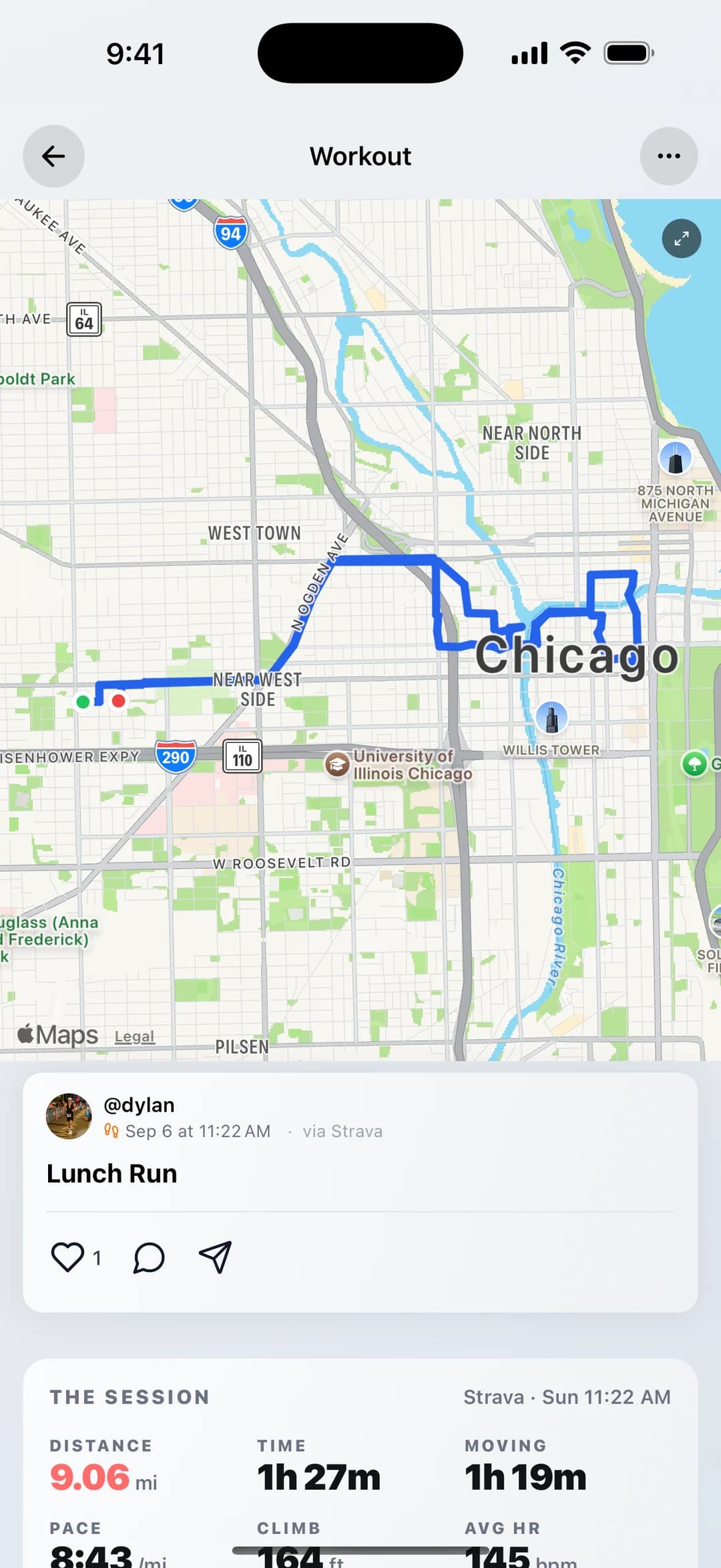 An InstaCal workout: a 9.06 mile lunch run drawn as a route through Chicago on a map, with likes and comments